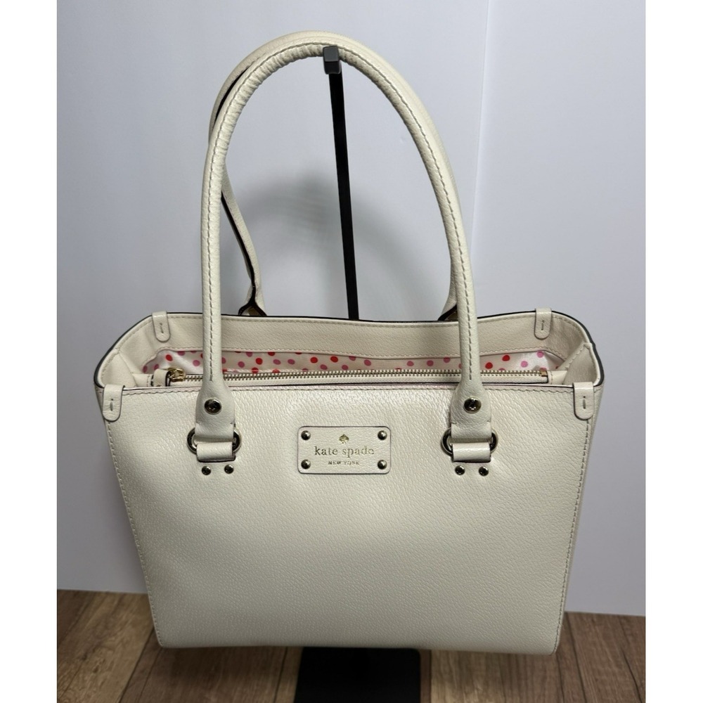 Kate Spade‎ WELLESLEY QUINN Ivory SATCHEL TOTE w/Pink Polka Dot Interior EUC